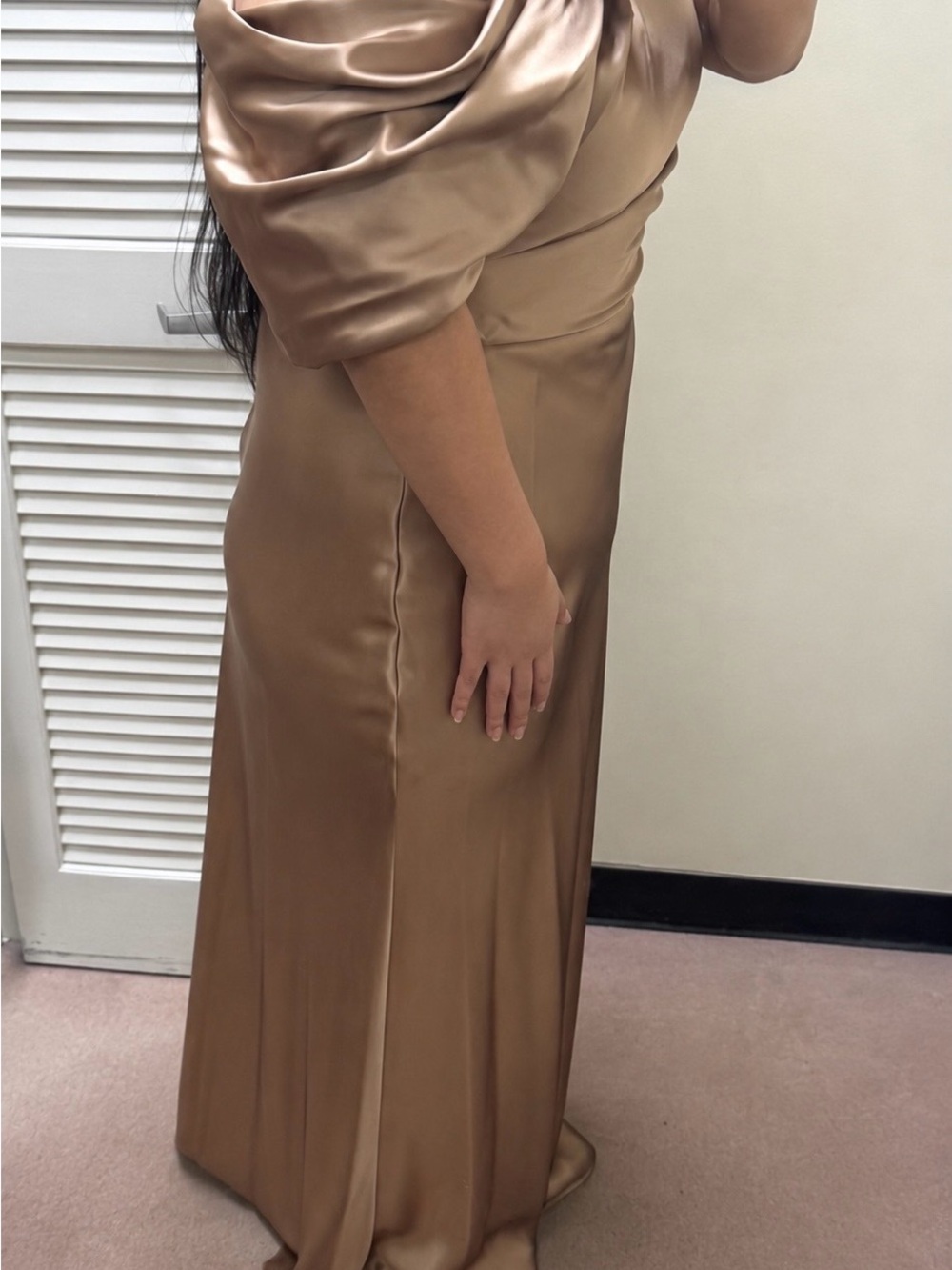 Alex Marie One-Shoulder Satin Gown in Warm Gold - Picture 9 of 12